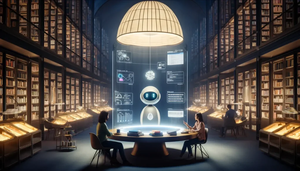 DALL·E-2024-05-09-11.29.12-A-large-library-split-into-two-distinct-areas-illuminated-by-a-central-large-lamp.-On-the-left-a-friendly-looking-robot-representing-ChatGPT-sits-a-1